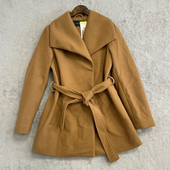 NEW Tahari Women's Size S Camel Brown Belted Wrap Coat Polyester - Picture 2 of 12